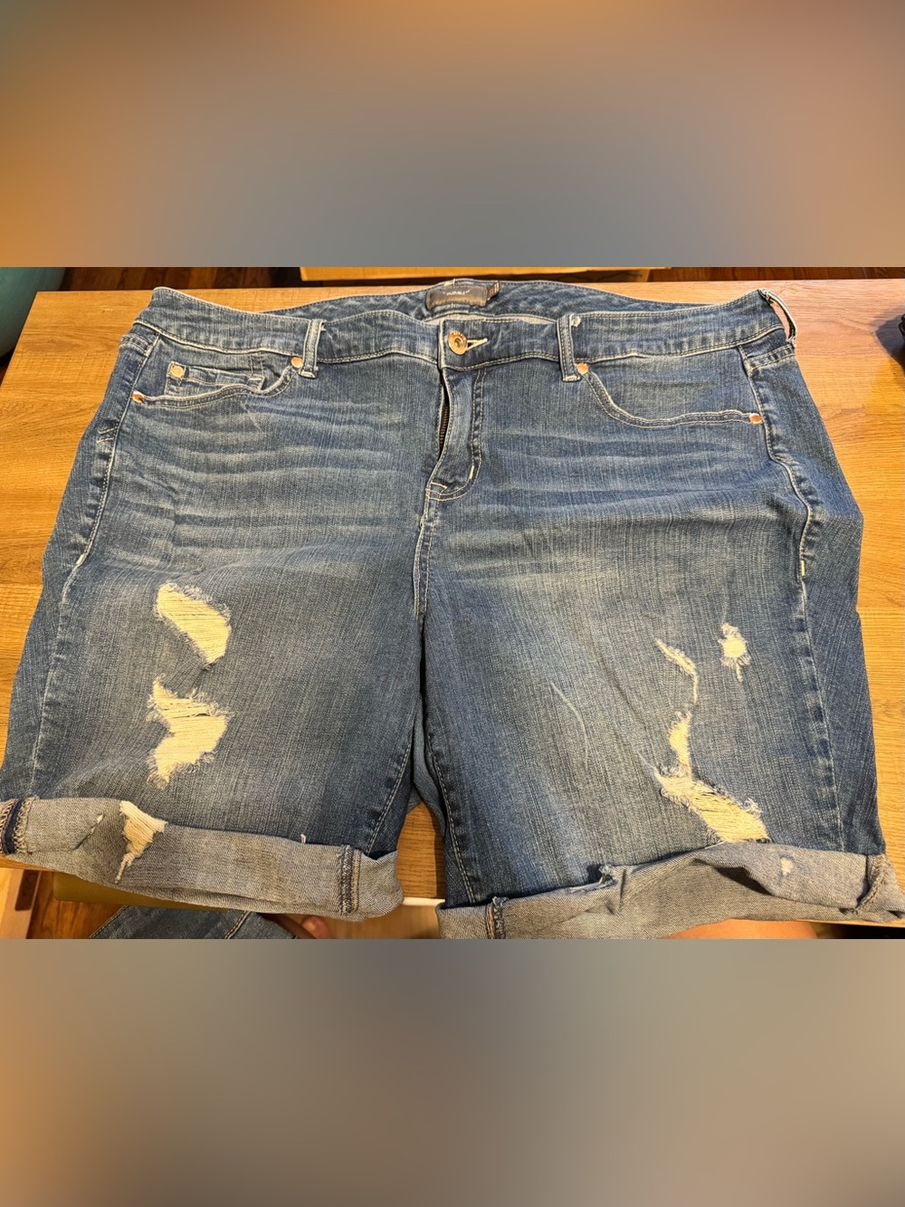torrid Distressed Rolled-Cuff Denim Shorts in Blue
